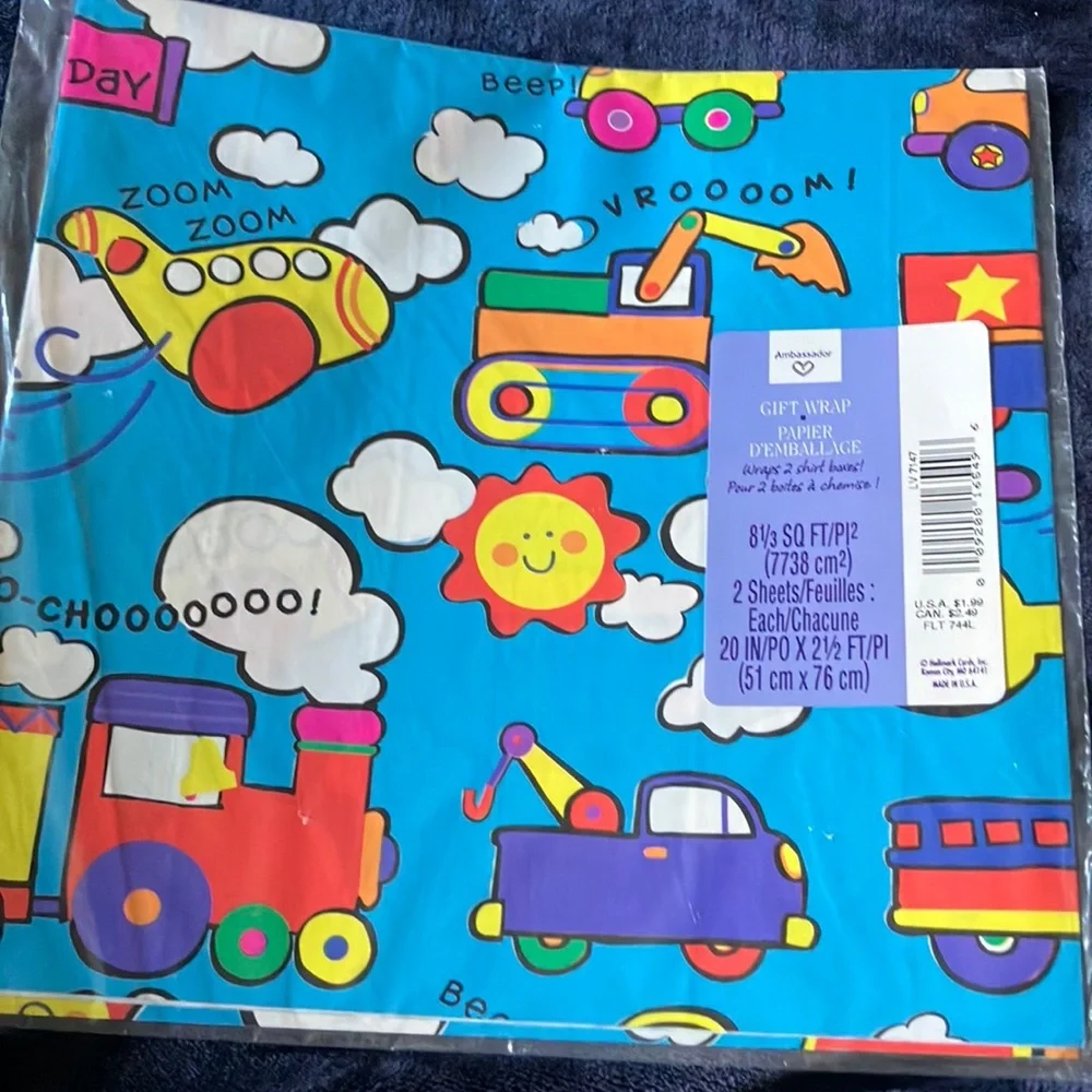 Vintage Hallmark Colorful Transportation Theme‎  Kids Gift Wrap